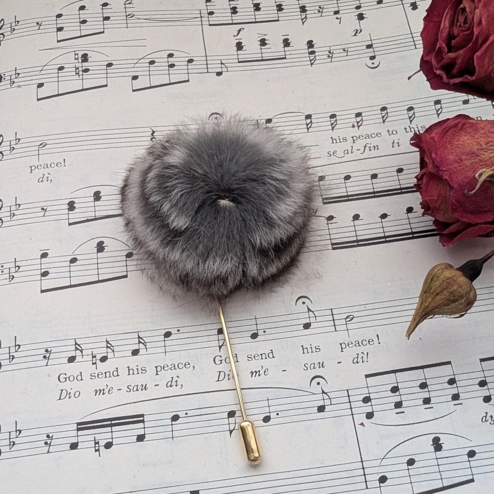 Gray Fur Pom Pom Brooch